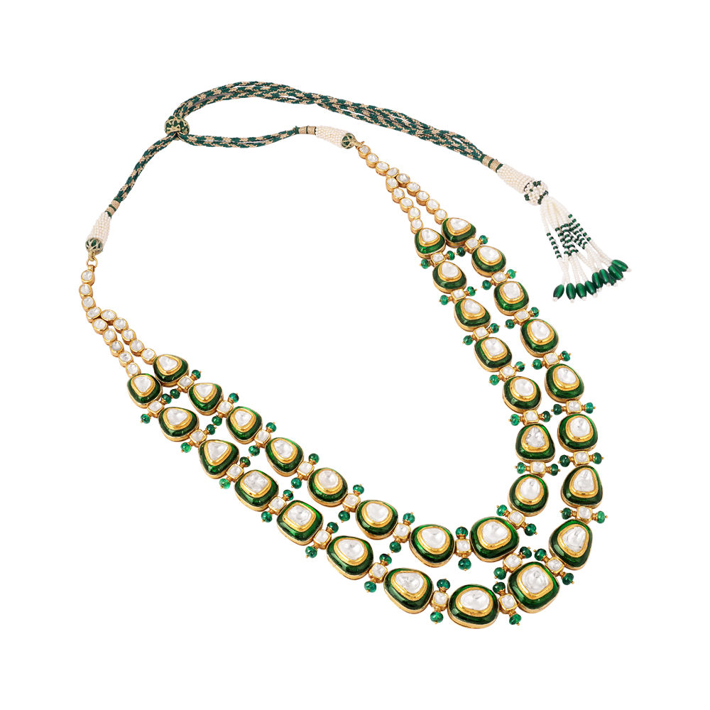 Polki Necklace with Green Chudi Work and Emerald Fungar Beads
